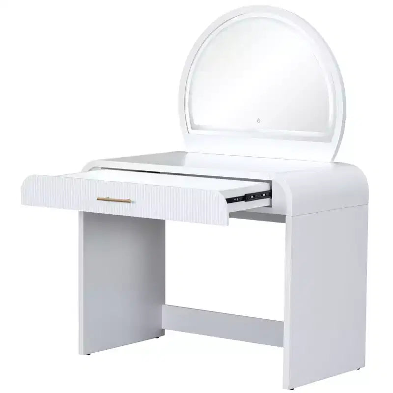 Table de toilette avec grand miroir et écran tactile, coiffeuse avec grand tiroir et coins arrondis, pour chambre à coucher