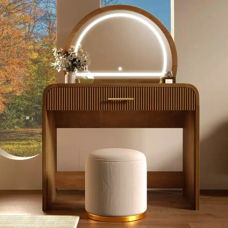 Table de toilette avec grand miroir et écran tactile, coiffeuse avec grand tiroir et coins arrondis, pour chambre à coucher