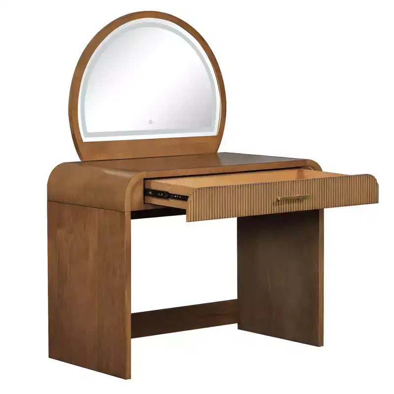 Table de toilette avec grand miroir et écran tactile, coiffeuse avec grand tiroir et coins arrondis, pour chambre à coucher