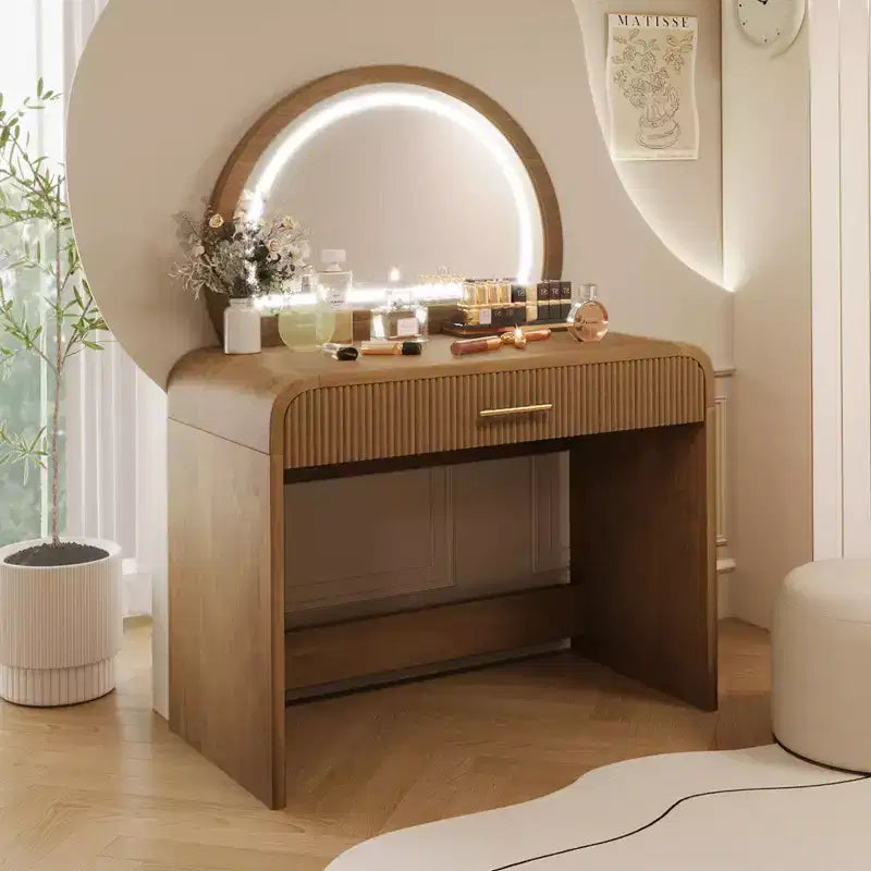 Table de toilette avec grand miroir et écran tactile, coiffeuse avec grand tiroir et coins arrondis, pour chambre à coucher