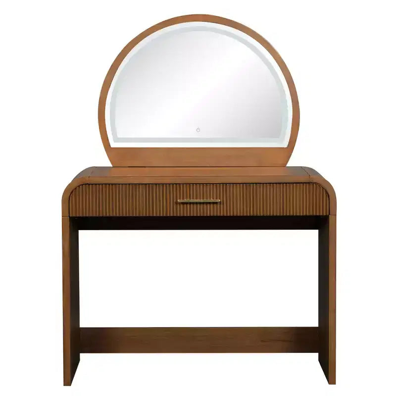 Table de toilette avec grand miroir et écran tactile, coiffeuse avec grand tiroir et coins arrondis, pour chambre à coucher