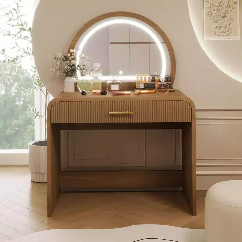 Table de toilette avec grand miroir et écran tactile, coiffeuse avec grand tiroir et coins arrondis, pour chambre à coucher