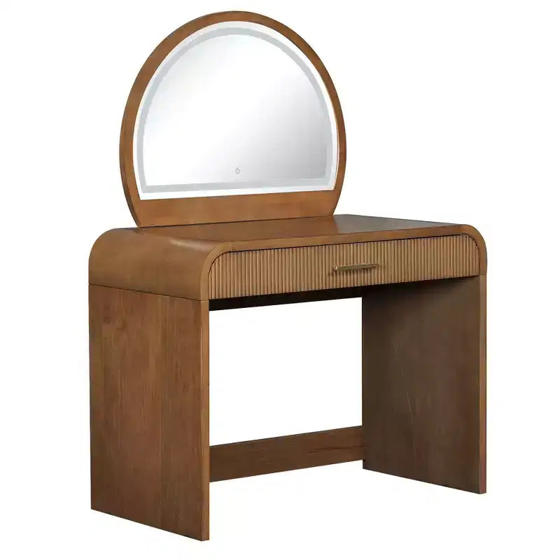 Table de toilette avec grand miroir et écran tactile, coiffeuse avec grand tiroir et coins arrondis, pour chambre à coucher