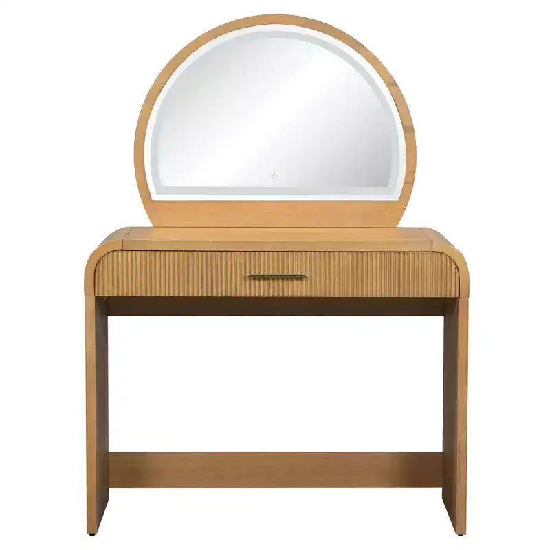 Table de toilette avec grand miroir et écran tactile, coiffeuse avec grand tiroir et coins arrondis, pour chambre à coucher