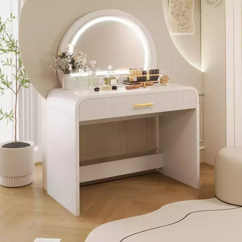 Okak Makeup Vanity Table with Large Mirror and Touch Screen, Vanity Desk with Large Drawer and Arched Corner, Dressing Table for Bedroom
