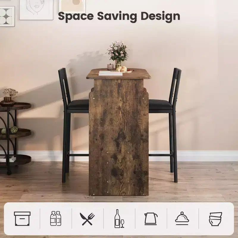 Ensemble table et chaises de bar pour 2, table à manger peu encombrante avec casier à vin à trois niveaux et porte-verres, pour cuisine, salle à manger ou bar à la maison, marron