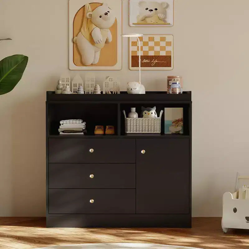 Table à langer bébé 37,4 H, station de change avec 3 tiroirs et étagères, commode de rangement convertible pour chambre d'enfant