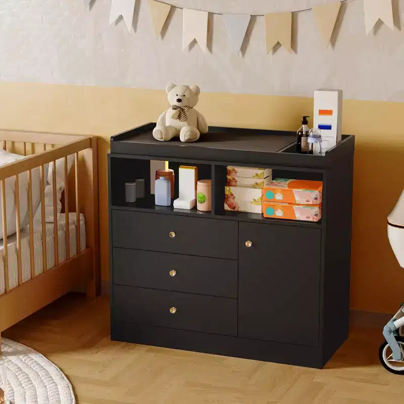Table à langer bébé 37,4 H, station de change avec 3 tiroirs et étagères, commode de rangement convertible pour chambre d'enfant
