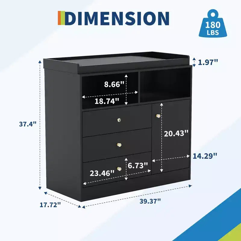 Table à langer bébé 37,4 H, station de change avec 3 tiroirs et étagères, commode de rangement convertible pour chambre d'enfant