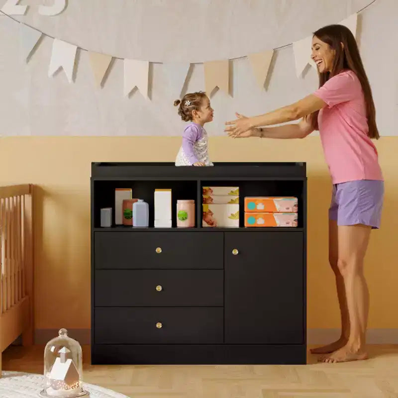 Table à langer bébé 37,4 H, station de change avec 3 tiroirs et étagères, commode de rangement convertible pour chambre d'enfant