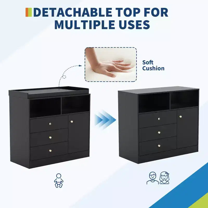 Table à langer bébé 37,4 H, station de change avec 3 tiroirs et étagères, commode de rangement convertible pour chambre d'enfant