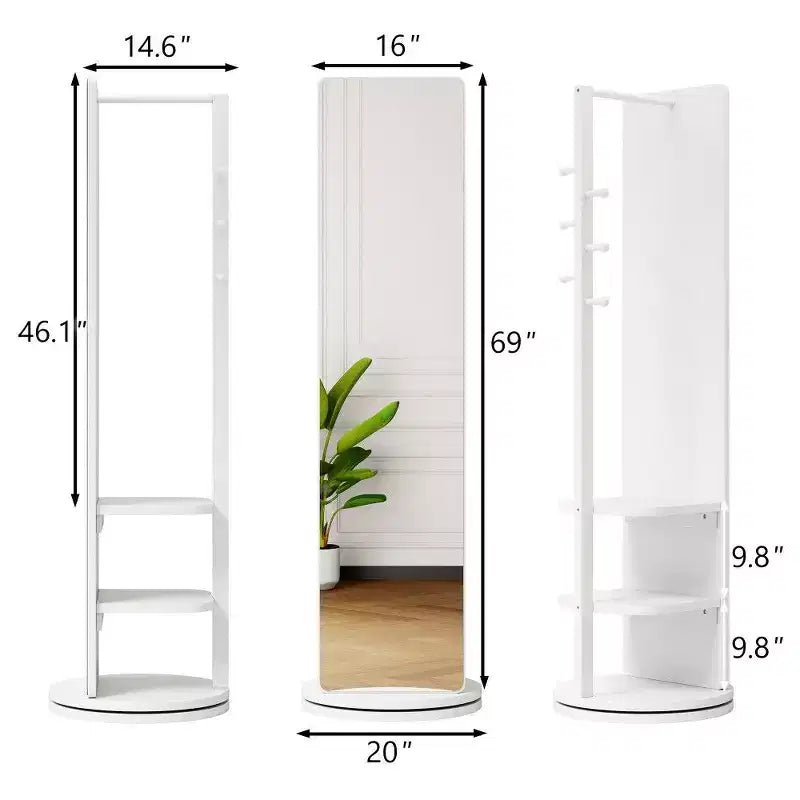 Miroir pleine longueur 69x16, Miroir de courtoisie avec crochet de rangement, porte-manteau pour chambre à coucher, salon, vestiaire