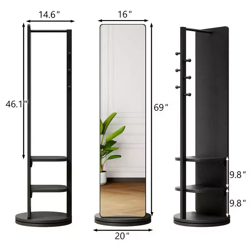 Miroir pleine longueur 69x16, Miroir de courtoisie avec crochet de rangement, porte-manteau pour chambre à coucher, salon, vestiaire