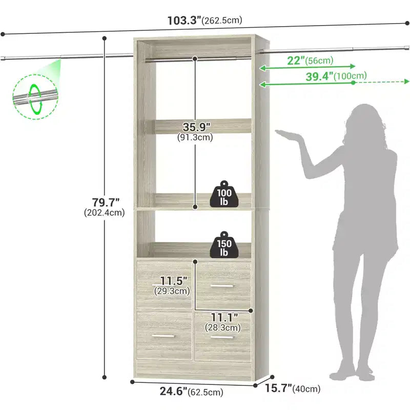 Ensemble de rangement de placard 25 à 103 avec quatre tiroirs en tissu