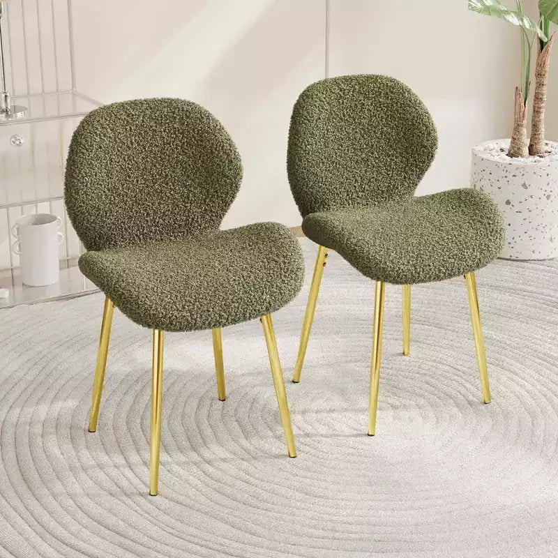 MAYEERTY Modern Minimalist Green Teddy Velvet Dining Chairs Set of 2 with Sturdy Gold Metal Legs Backrest for Kitchen Restaurants Office Green