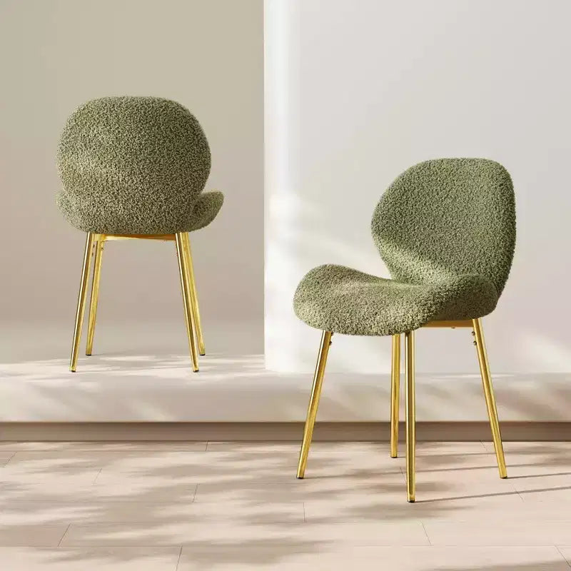Chaises de salle à manger minimalistes en velours de teddy vert avec pieds en métal doré robustes et dossier pour cuisines, restaurants, bureaux, vert