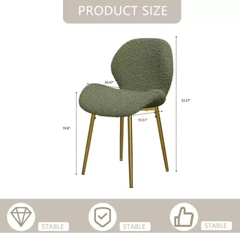 Chaises de salle à manger minimalistes en velours de teddy vert avec pieds en métal doré robustes et dossier pour cuisines, restaurants, bureaux, vert