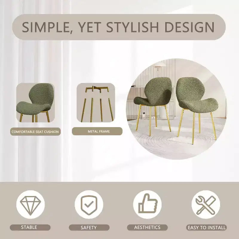 Chaises de salle à manger minimalistes en velours de teddy vert avec pieds en métal doré robustes et dossier pour cuisines, restaurants, bureaux, vert