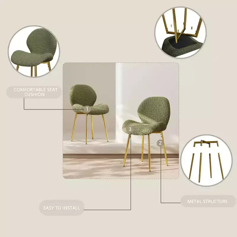 Chaises de salle à manger minimalistes en velours de teddy vert avec pieds en métal doré robustes et dossier pour cuisines, restaurants, bureaux, vert