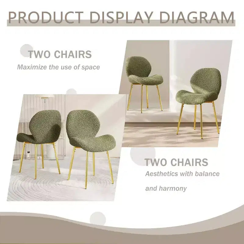 Chaises de salle à manger minimalistes en velours de teddy vert avec pieds en métal doré robustes et dossier pour cuisines, restaurants, bureaux, vert