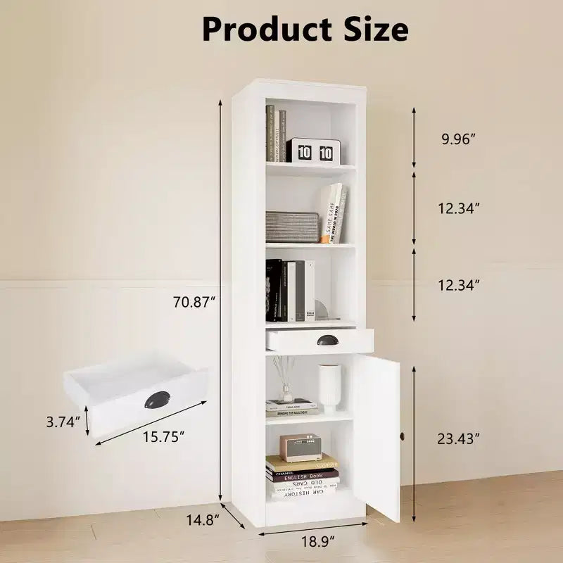 Bibliothèque étroite avec tiroir, étagère de 180 cm de haut de style rustique à 3 niveaux avec étagères ouvertes réglables et porte, armoire de rangement en bois pour salon et bureau
