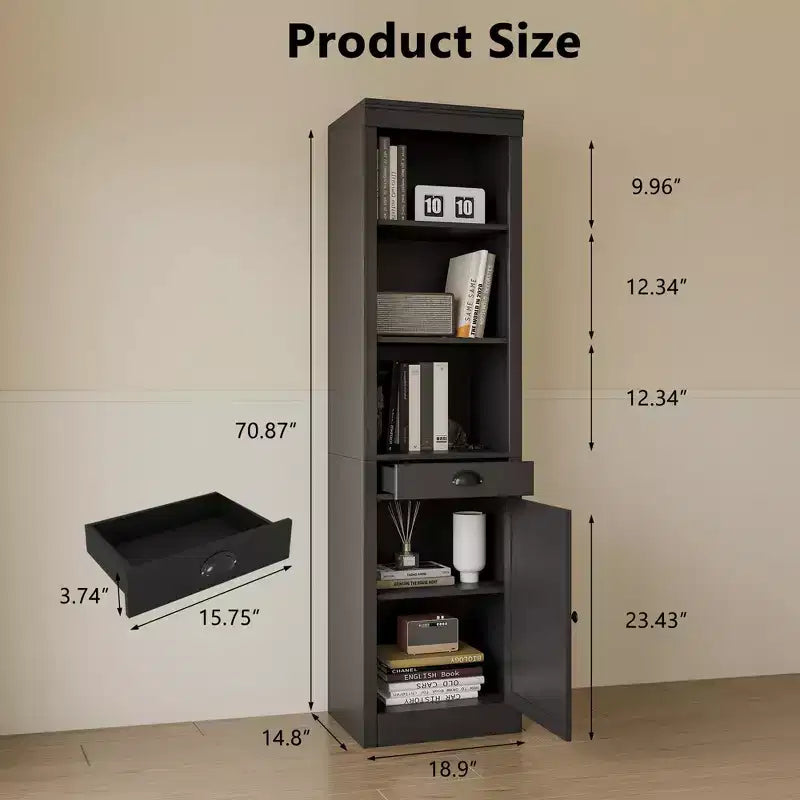 Bibliothèque étroite avec tiroir, étagère de 180 cm de haut de style rustique à 3 niveaux avec étagères ouvertes réglables et porte, armoire de rangement en bois pour salon et bureau