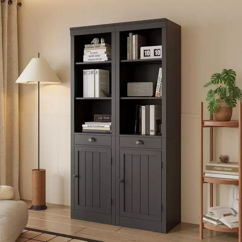 Bibliothèque étroite avec tiroir, étagère de 180 cm de haut de style rustique à 3 niveaux avec étagères ouvertes réglables et porte, armoire de rangement en bois pour salon et bureau