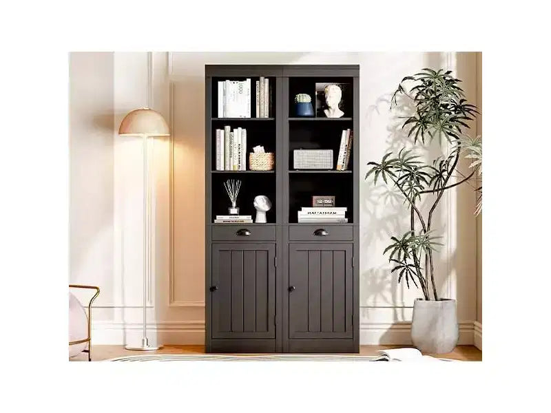 Bibliothèque étroite avec tiroir, étagère de 180 cm de haut de style rustique à 3 niveaux avec étagères ouvertes réglables et porte, armoire de rangement en bois pour salon et bureau