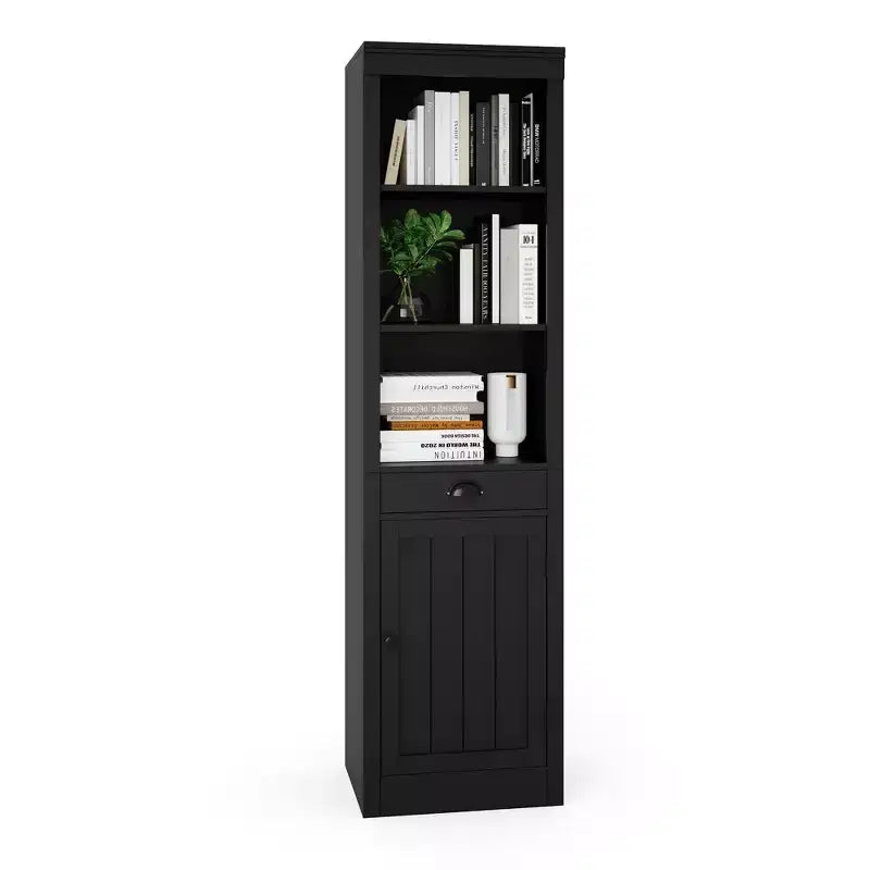 Bibliothèque étroite avec tiroir, étagère de 180 cm de haut de style rustique à 3 niveaux avec étagères ouvertes réglables et porte, armoire de rangement en bois pour salon et bureau