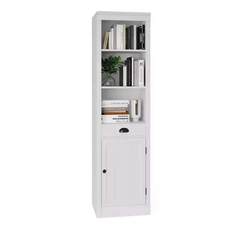 Bibliothèque étroite avec tiroir, étagère de 180 cm de haut de style rustique à 3 niveaux avec étagères ouvertes réglables et porte, armoire de rangement en bois pour salon et bureau