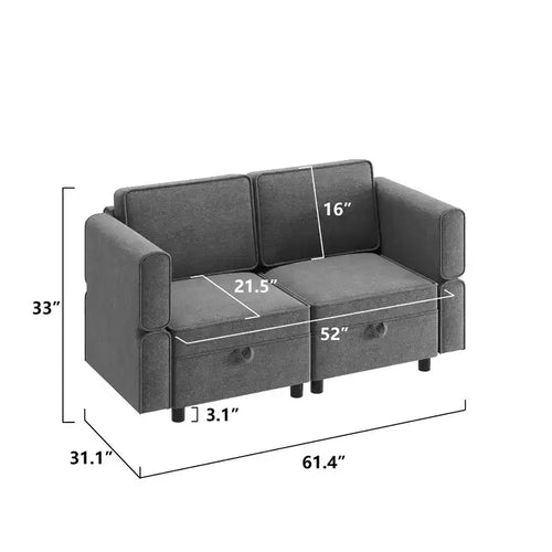 Canapé sectionnel modulaire 2 pièces, transformable en lit (largeur 52 po), raccords rapides sans outils, 136 kg/module, pouf inclus, velours côtelé, gris foncé