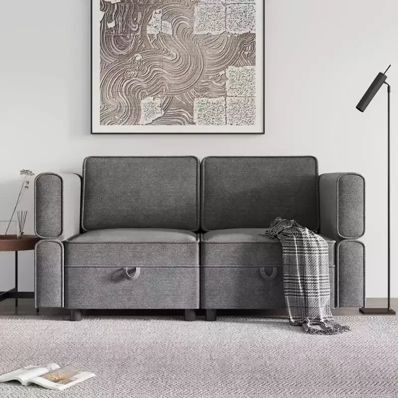 Canapé sectionnel modulaire 2 pièces, transformable en lit (largeur 52 po), raccords rapides sans outils, 136 kg/module, pouf inclus, velours côtelé, gris foncé