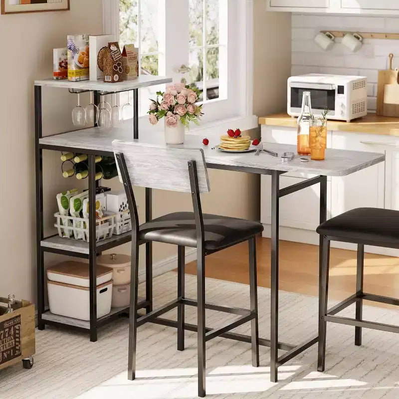 Ensemble table à manger Acekool extensible pour 2 personnes avec étagères de rangement et porte-bouteilles, table de bar et chaises 3 pièces compactes