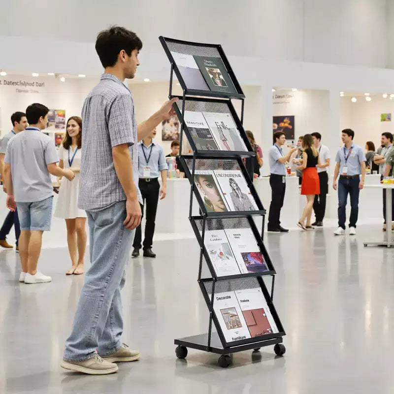 Présentoir à brochures, présentoir pliant à 5 pochettes pour magazines et documents, présentoir mobile sur pied pour magazines avec roulettes, noir