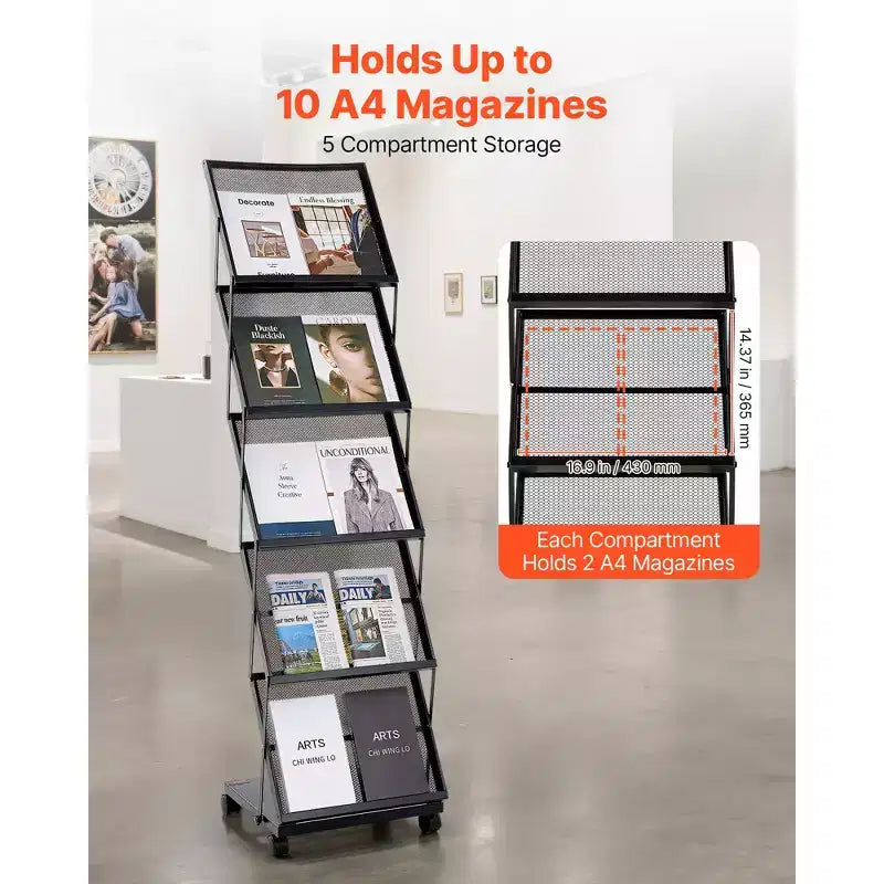 Présentoir à brochures, présentoir pliant à 5 pochettes pour magazines et documents, présentoir mobile sur pied pour magazines avec roulettes, noir