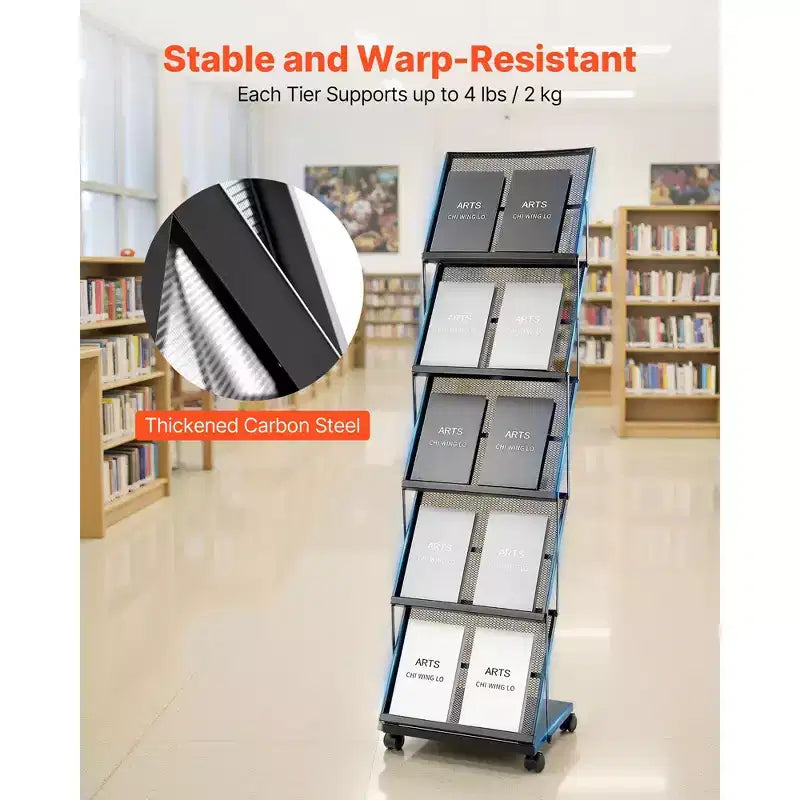 Présentoir à brochures, présentoir pliant à 5 pochettes pour magazines et documents, présentoir mobile sur pied pour magazines avec roulettes, noir
