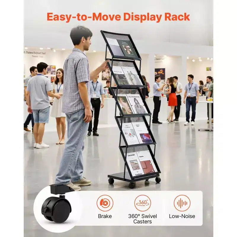 Présentoir à brochures, présentoir pliant à 5 pochettes pour magazines et documents, présentoir mobile sur pied pour magazines avec roulettes, noir