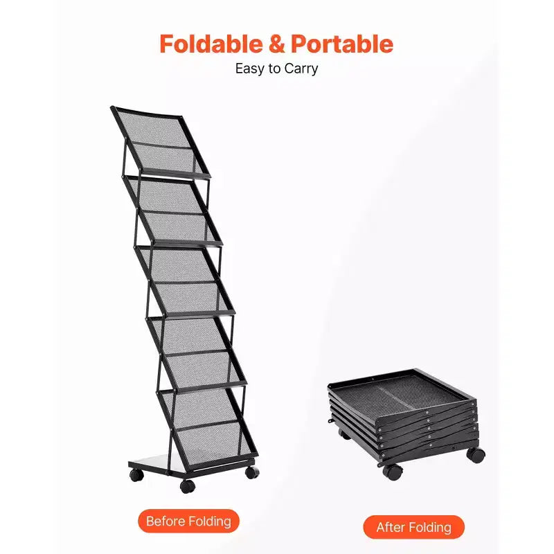 Présentoir à brochures, présentoir pliant à 5 pochettes pour magazines et documents, présentoir mobile sur pied pour magazines avec roulettes, noir