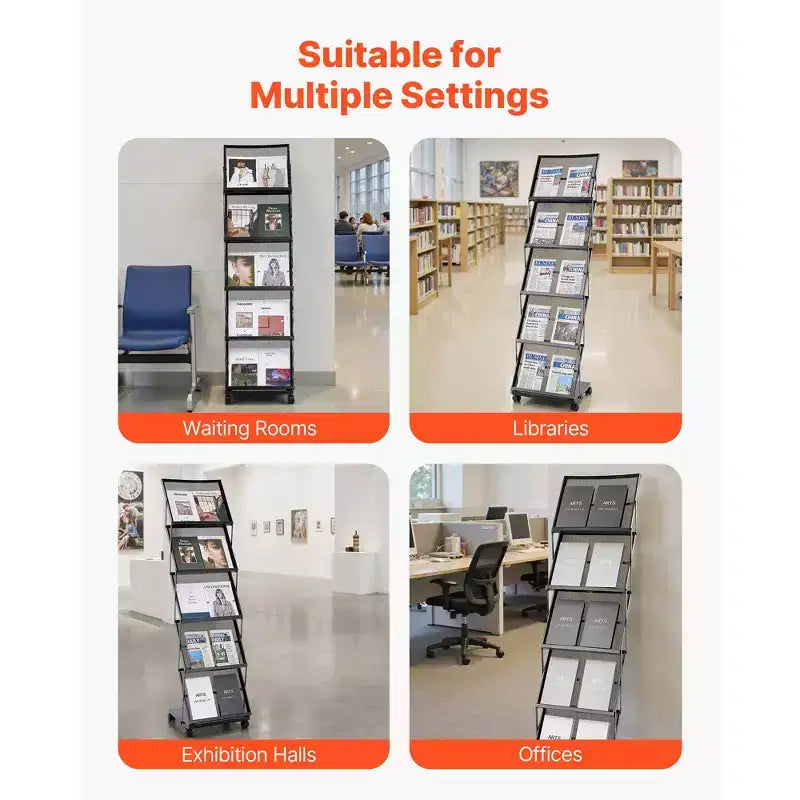 Présentoir à brochures, présentoir pliant à 5 pochettes pour magazines et documents, présentoir mobile sur pied pour magazines avec roulettes, noir
