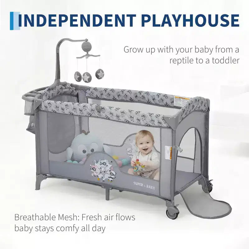 Berceau bébé 4 en 1, lit cododo, parc pliant portable avec porte zippée, table à langer, arche de jeux et rangement