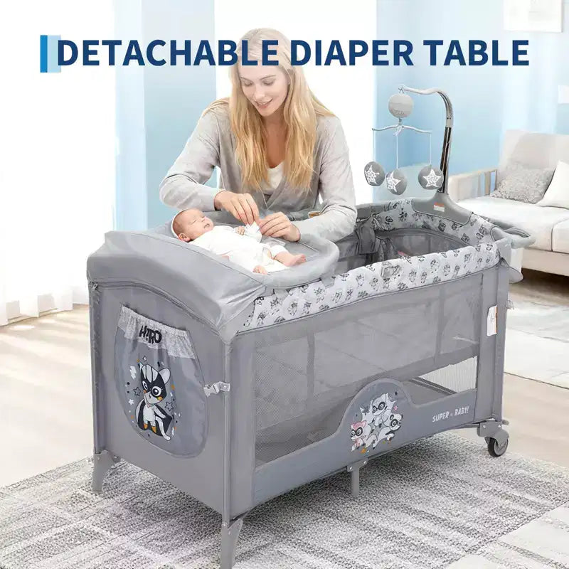 Berceau bébé 4 en 1, lit cododo, parc pliant portable avec porte zippée, table à langer, arche de jeux et rangement