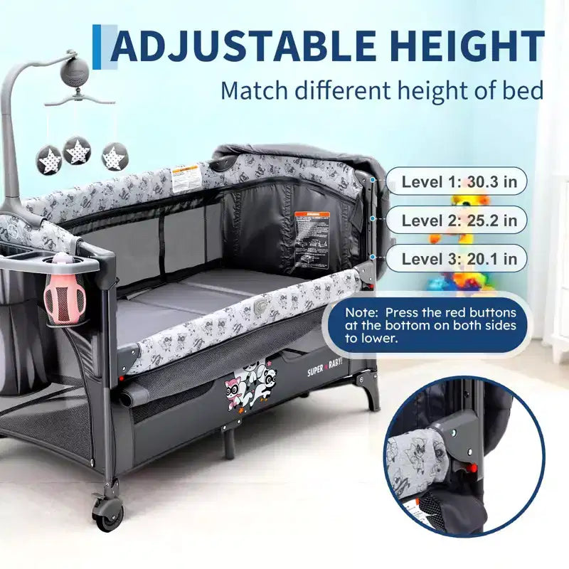 Berceau bébé 4 en 1, lit cododo, parc pliant portable avec porte zippée, table à langer, arche de jeux et rangement