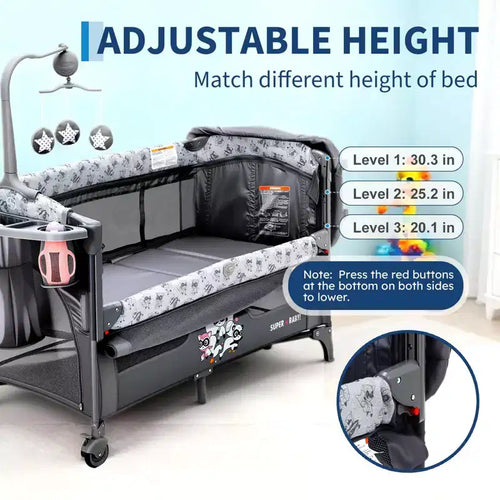 Berceau bébé 4 en 1, lit cododo, parc pliant portable avec porte zippée, table à langer, arche de jeux et rangement