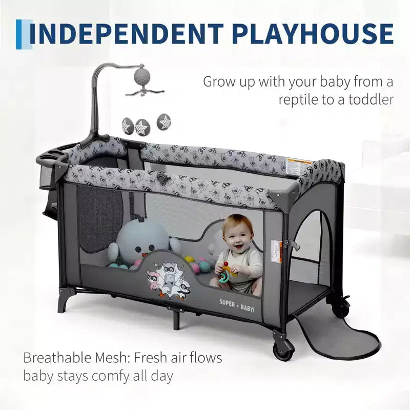 Berceau bébé 4 en 1, lit cododo, parc pliant portable avec porte zippée, table à langer, arche de jeux et rangement