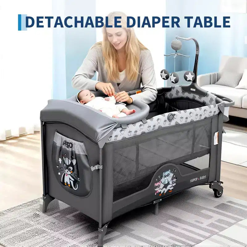Berceau bébé 4 en 1, lit cododo, parc pliant portable avec porte zippée, table à langer, arche de jeux et rangement