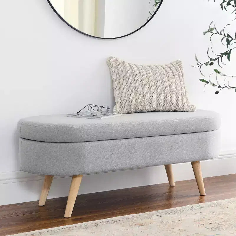 Banc de rangement ovale de 110,5 cm avec pieds en bois massif, ottoman d'entrée rembourré en tissu de lin, bancs à chaussures pour salon, chambre, entrée