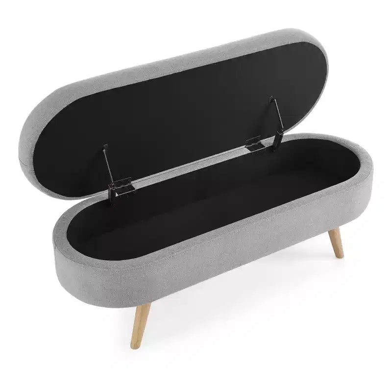 Banc de rangement ovale de 110,5 cm avec pieds en bois massif, ottoman d'entrée rembourré en tissu de lin, bancs à chaussures pour salon, chambre, entrée