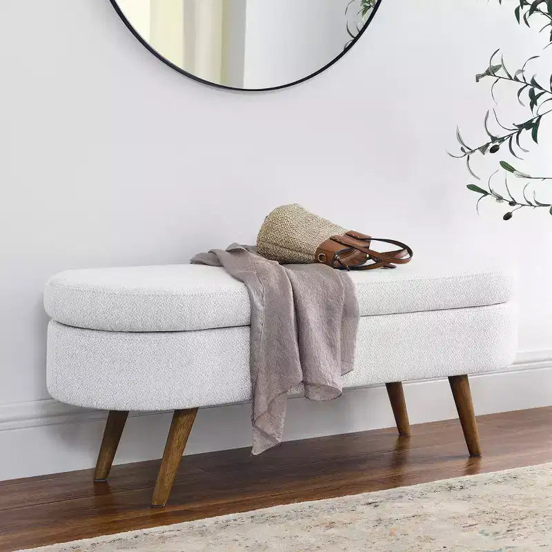 Banc de rangement ovale de 110,5 cm avec pieds en bois massif, ottoman d'entrée rembourré en tissu de lin, bancs à chaussures pour salon, chambre, entrée