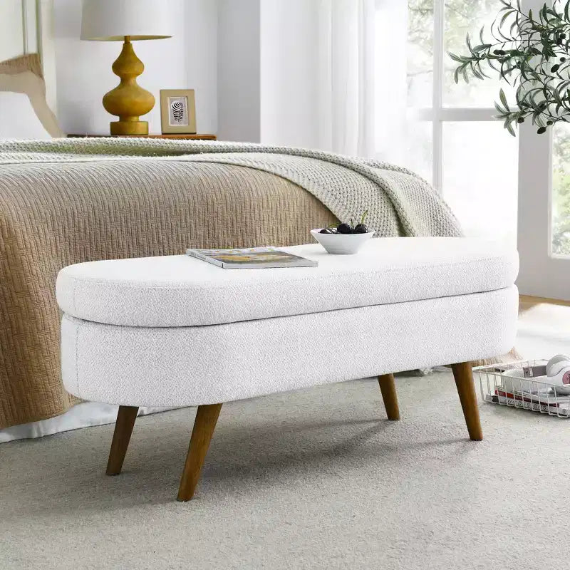 Banc de rangement ovale de 110,5 cm avec pieds en bois massif, ottoman d'entrée rembourré en tissu de lin, bancs à chaussures pour salon, chambre, entrée