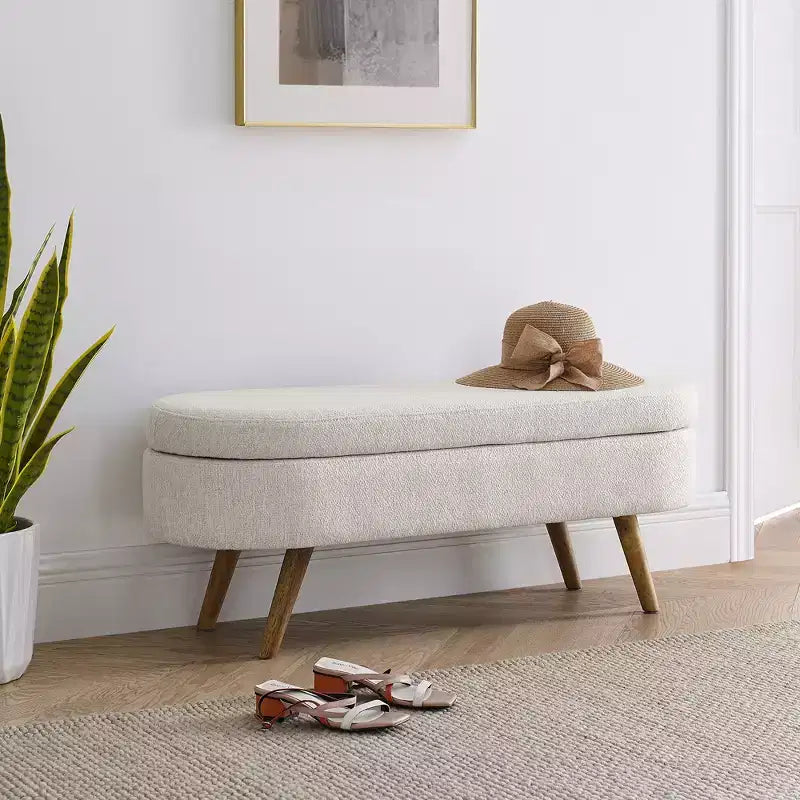 Banc de rangement ovale de 110,5 cm avec pieds en bois massif, ottoman d'entrée rembourré en tissu de lin, bancs à chaussures pour salon, chambre, entrée